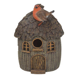 Figura decorativa Robin su casetta per uccelli con tetto di paglia